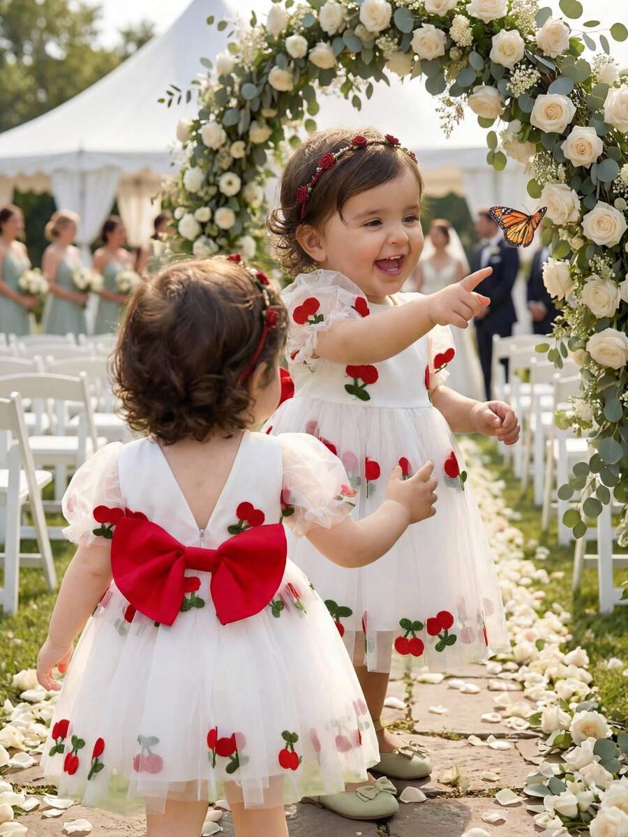 Pink Floral Mesh Embroidered Short Sleeve Dress for Baby Girls