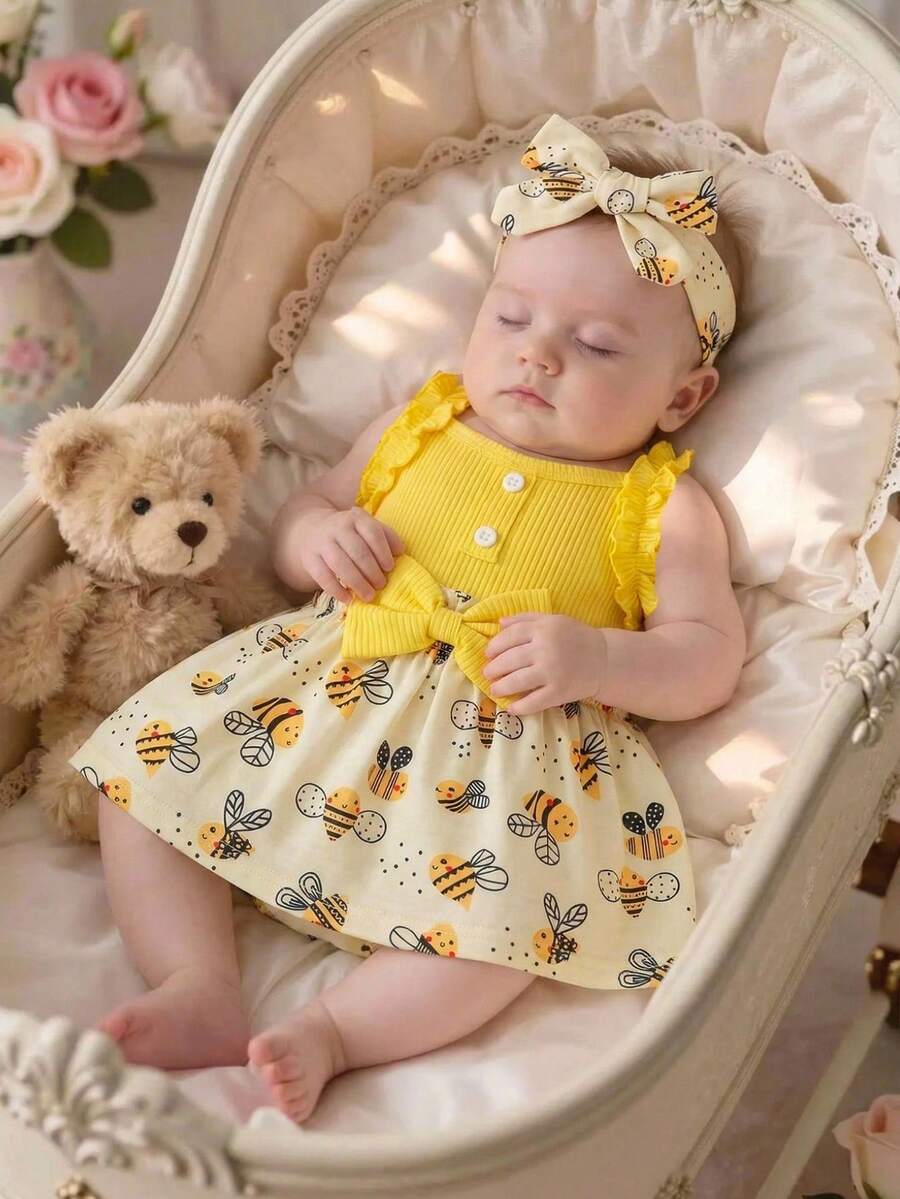 Baby Girl 2026 Summer 3pcs Buttoned Bodysuit and Lemon Skirt Set with Headband