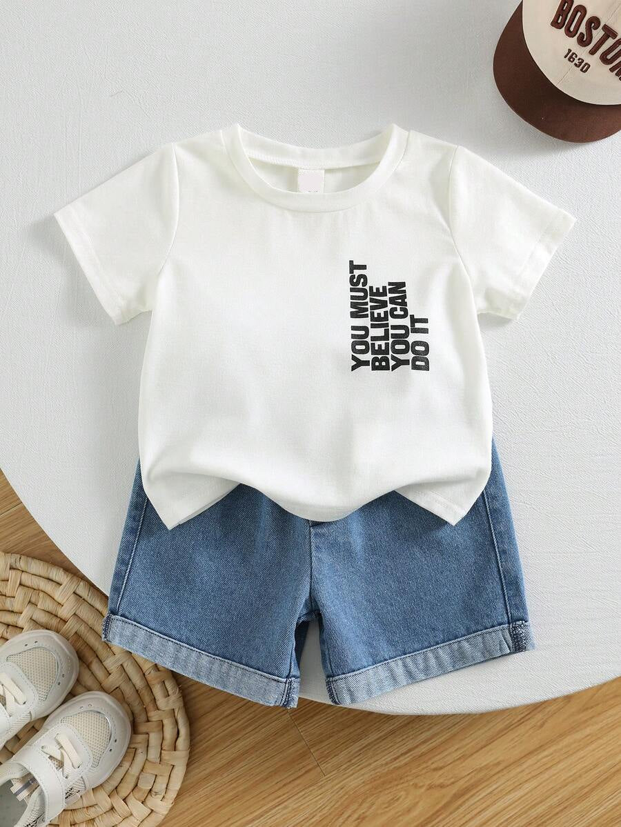 Baby Boy Black and White Striped T Shirt and Denim Shorts 2 Piece Casual Spring Summer Outfit Set