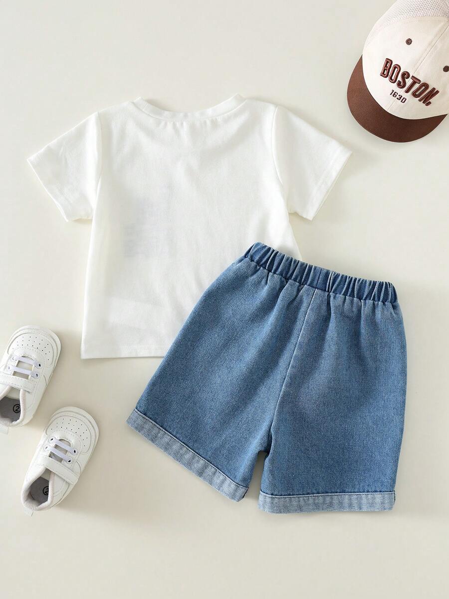 Baby Boy Black and White Striped T Shirt and Denim Shorts 2 Piece Casual Spring Summer Outfit Set