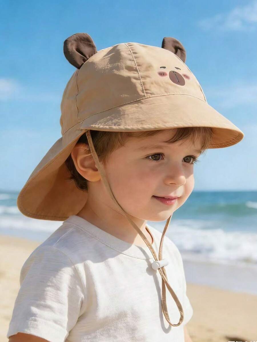 1pc Cartoon Bear Print Sun Protection Bucket Hat with Cape for Kids Outdoor Wear