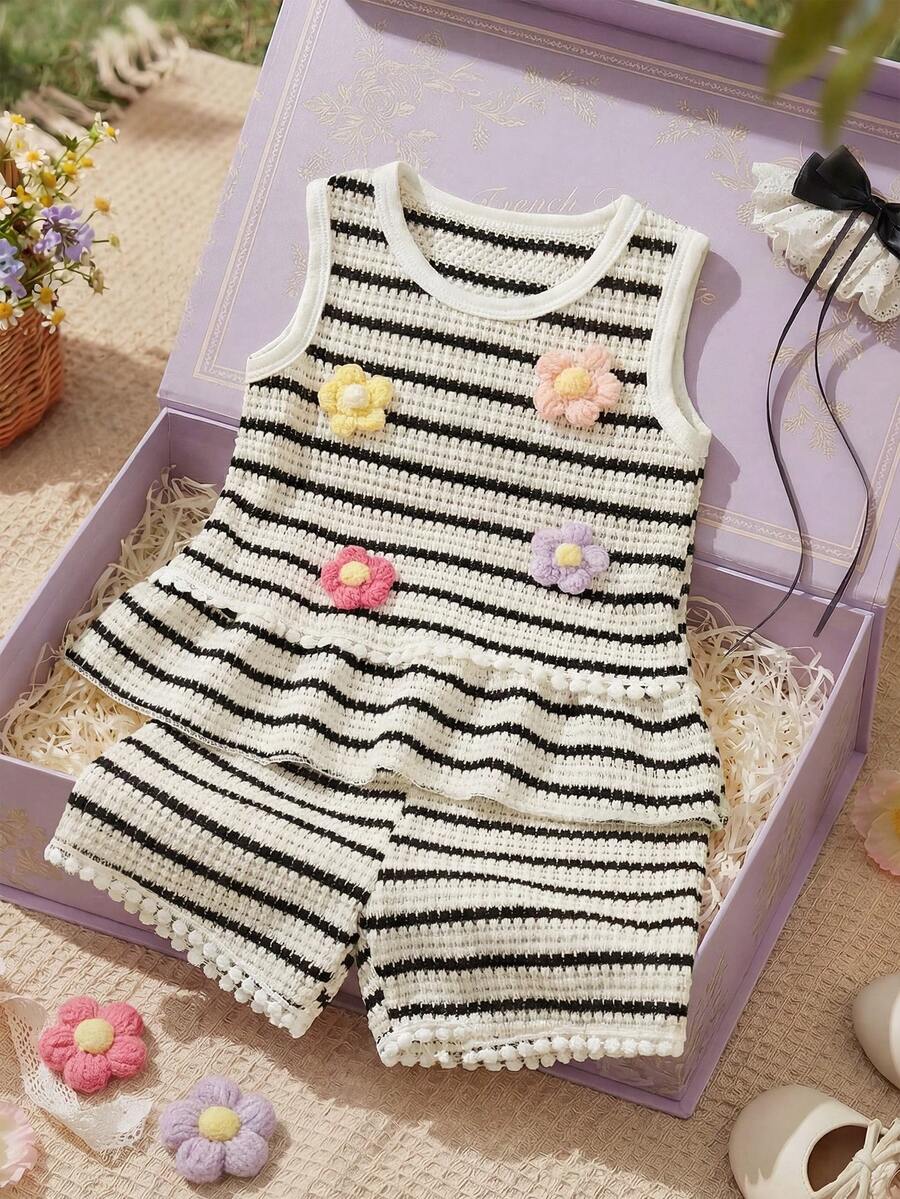 Two Piece Summer Clothing Set For Kids Girls Floral Knit Top And Shorts