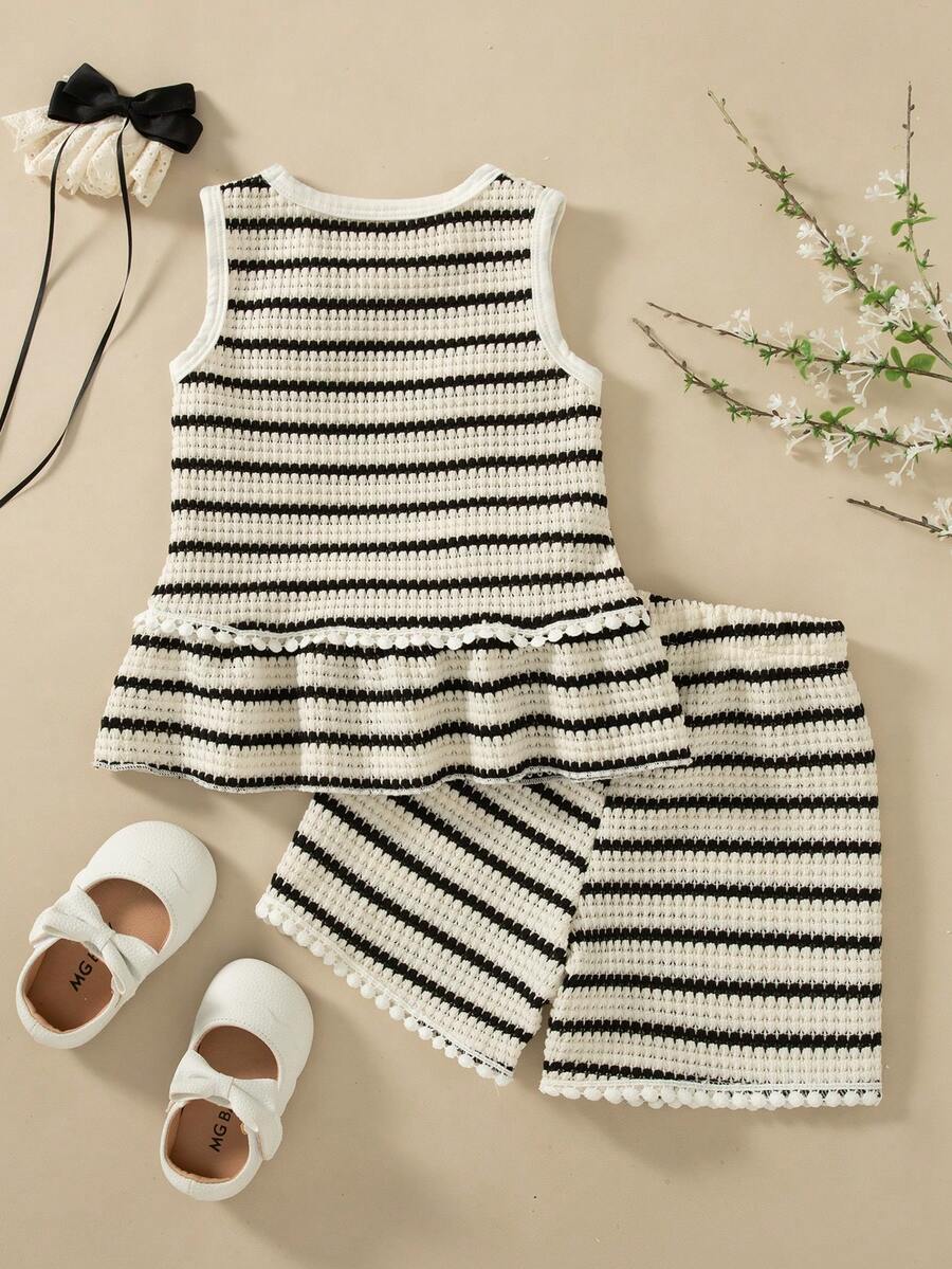 Two Piece Summer Clothing Set For Kids Girls Floral Knit Top And Shorts