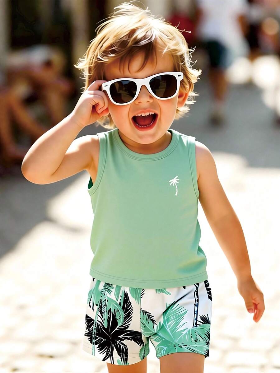 Baby Boy Letter Print Tank Top and Palm Tree Print Shorts 3 Piece Summer Outfit Set with Sunglasses