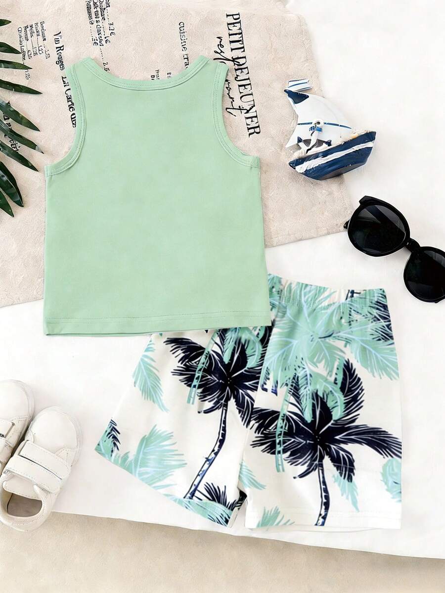 Baby Boy Letter Print Tank Top and Palm Tree Print Shorts 3 Piece Summer Outfit Set with Sunglasses
