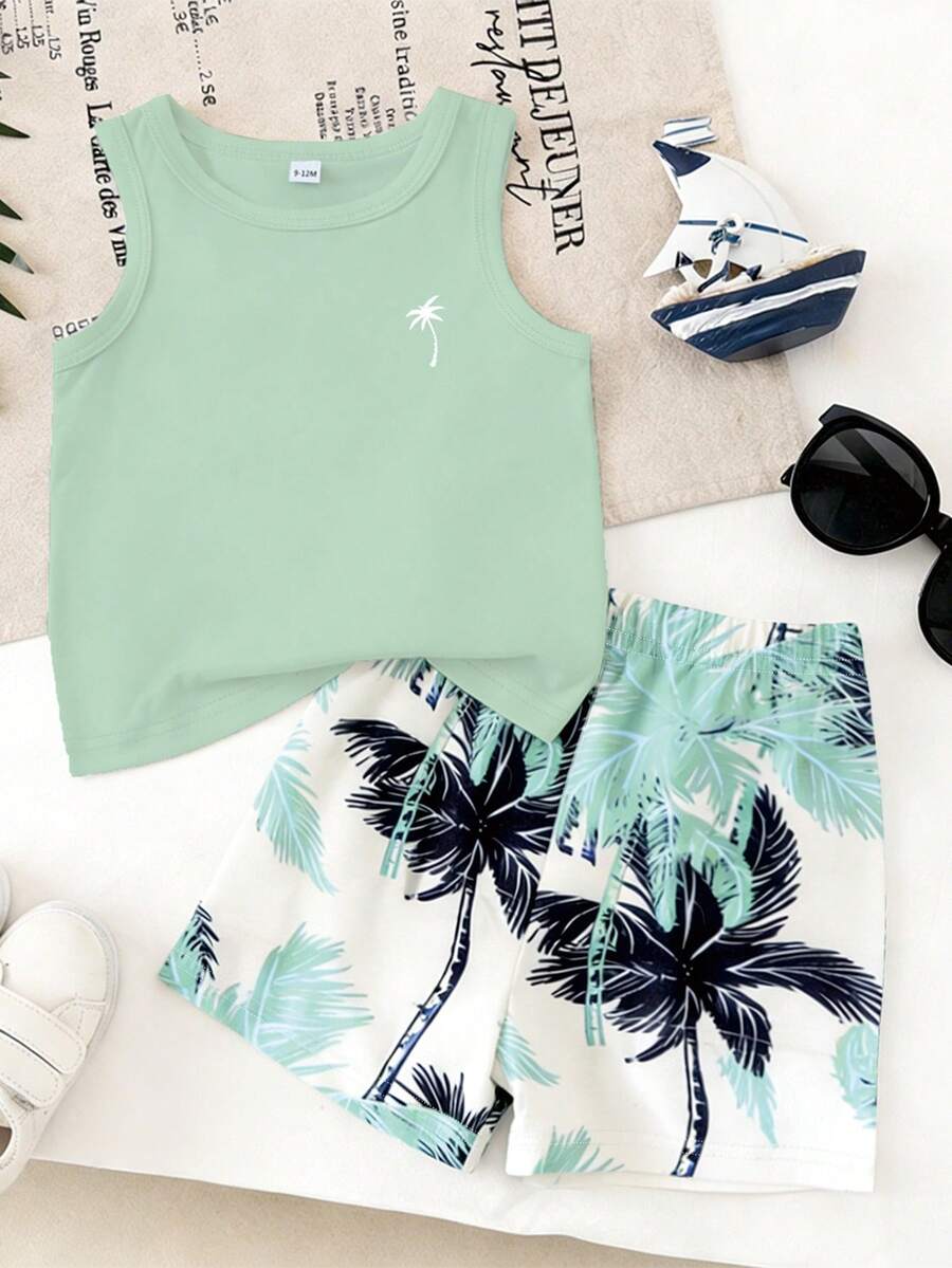 Baby Boy Letter Print Tank Top and Palm Tree Print Shorts 3 Piece Summer Outfit Set with Sunglasses