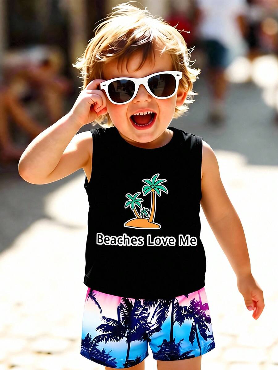 Baby Boy Letter Print Tank Top and Palm Tree Print Shorts 3 Piece Summer Outfit Set with Sunglasses