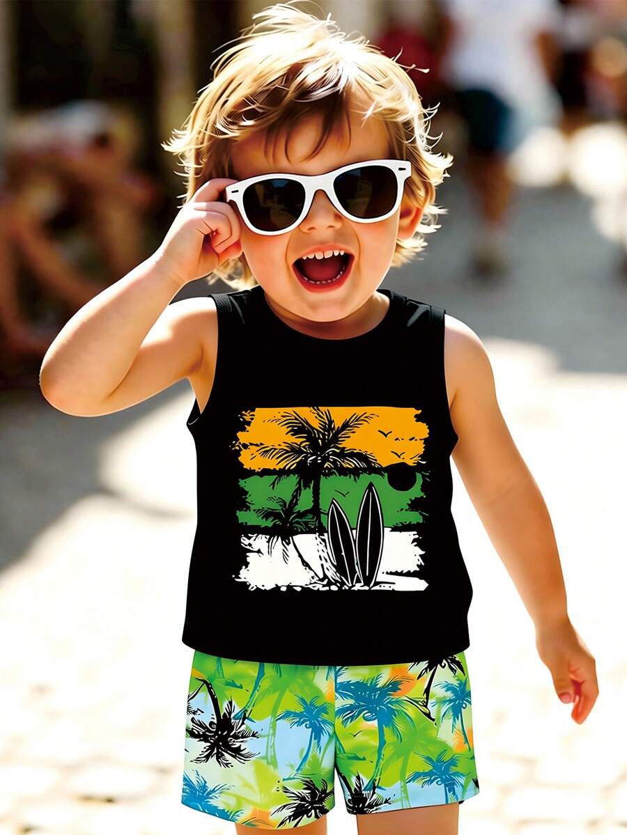 Baby Boy Letter Print Tank Top and Palm Tree Print Shorts 3 Piece Summer Outfit Set with Sunglasses