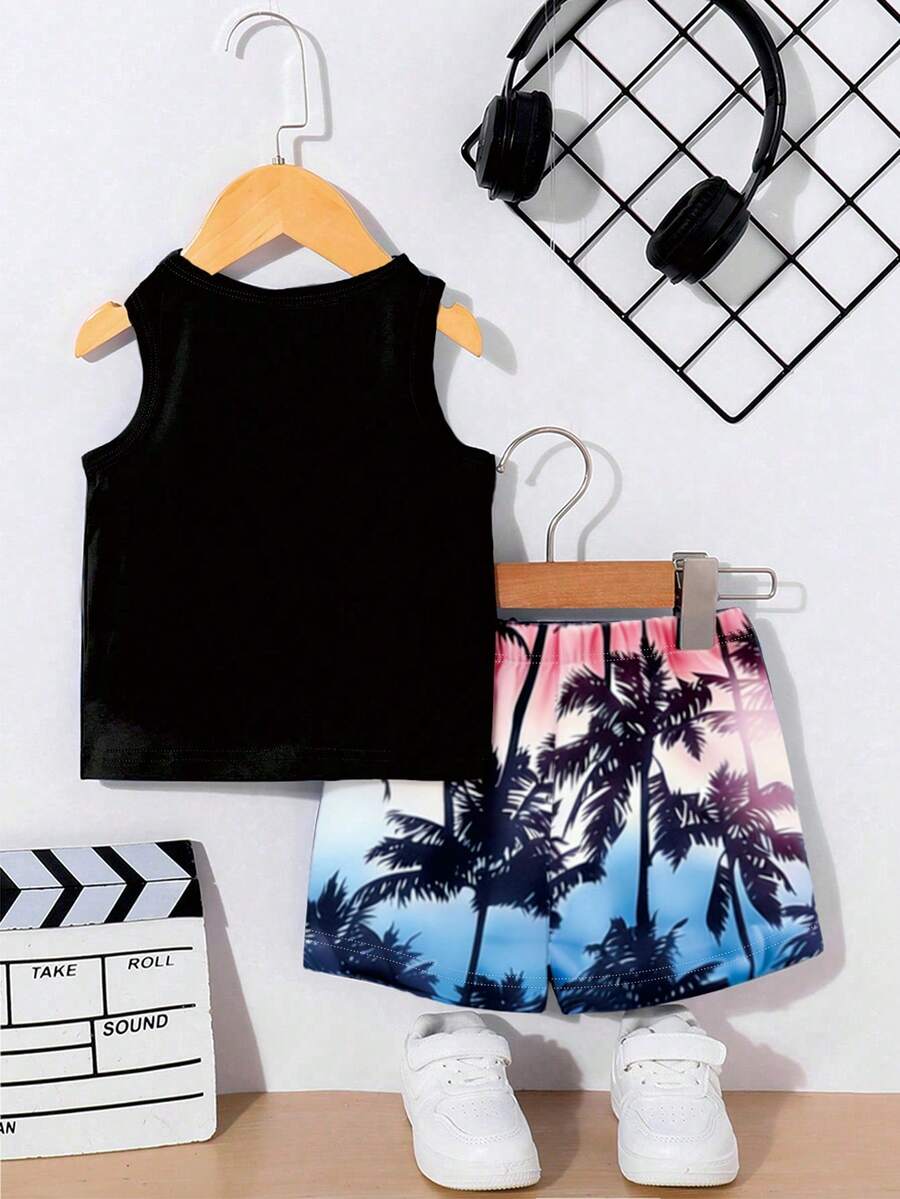 Baby Boy Letter Print Tank Top and Palm Tree Print Shorts 3 Piece Summer Outfit Set with Sunglasses