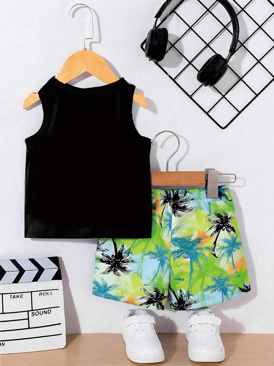 Baby Boy Letter Print Tank Top and Palm Tree Print Shorts 3 Piece Summer Outfit Set with Sunglasses