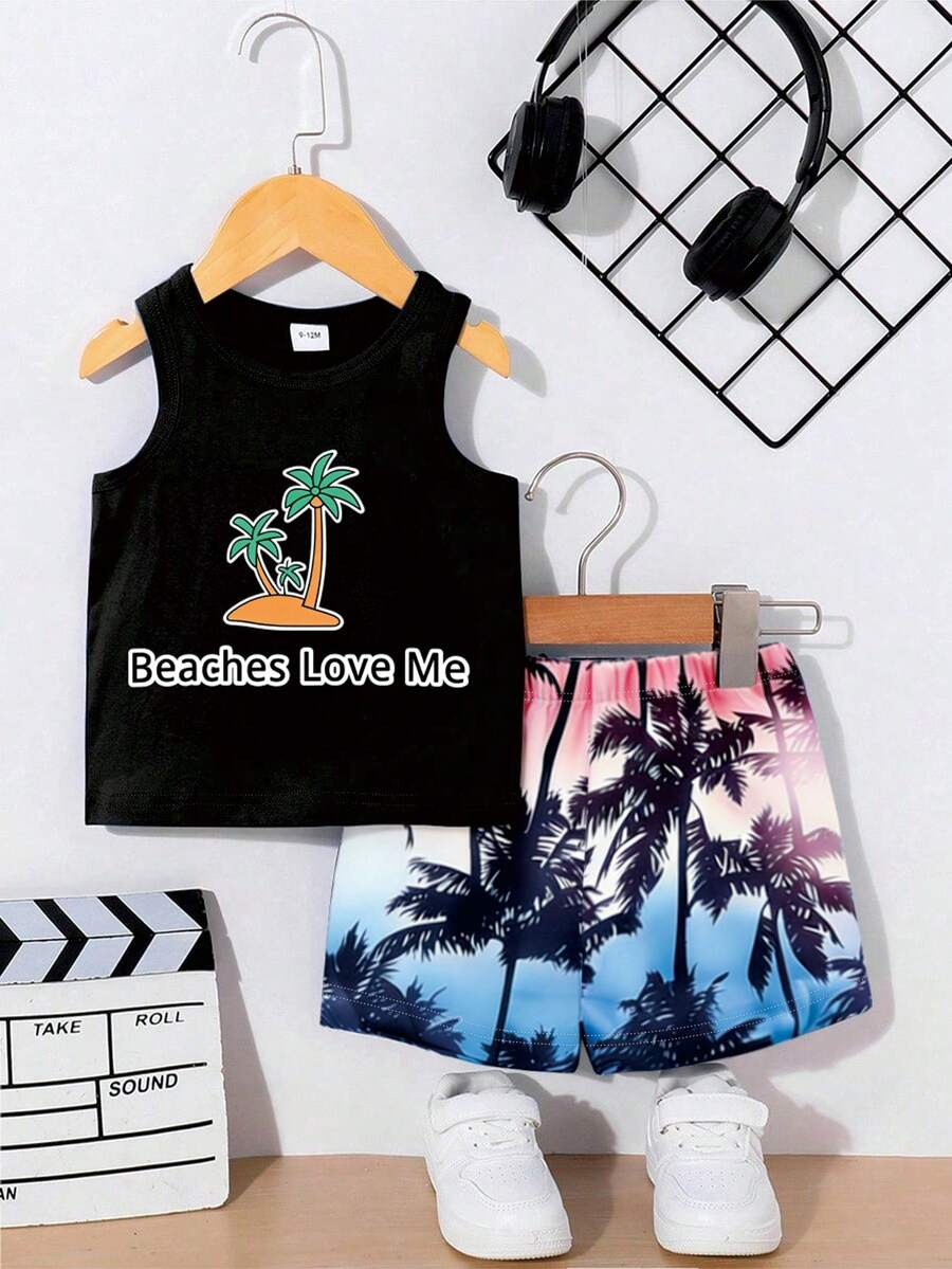 Baby Boy Letter Print Tank Top and Palm Tree Print Shorts 3 Piece Summer Outfit Set with Sunglasses