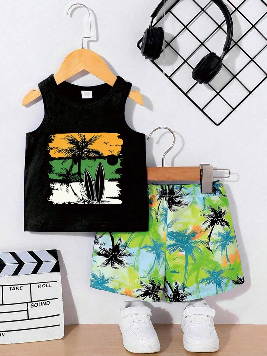 Baby Boy Letter Print Tank Top and Palm Tree Print Shorts 3 Piece Summer Outfit Set with Sunglasses