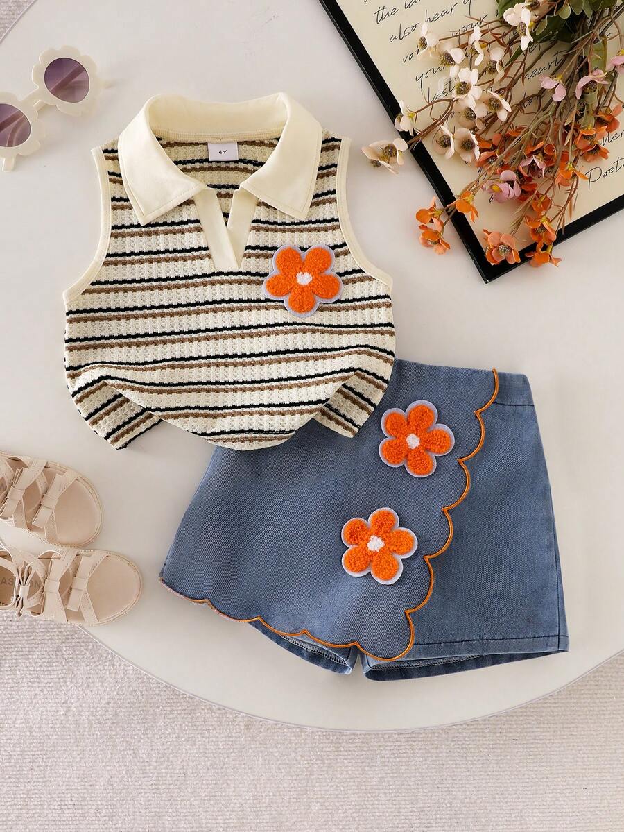 Toddler Girls Textured Knit Vest Top And Denim Skort Flower Embroidered Summer Outfit Set