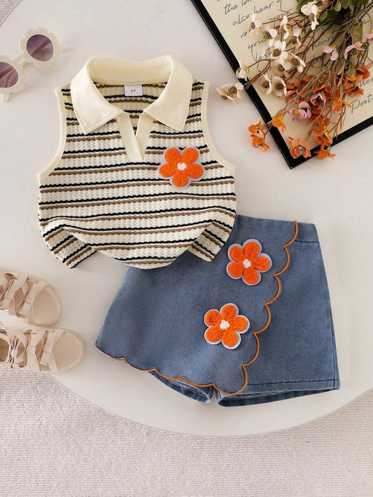 Toddler Girls Textured Knit Vest Top And Denim Skort Flower Embroidered Summer Outfit Set