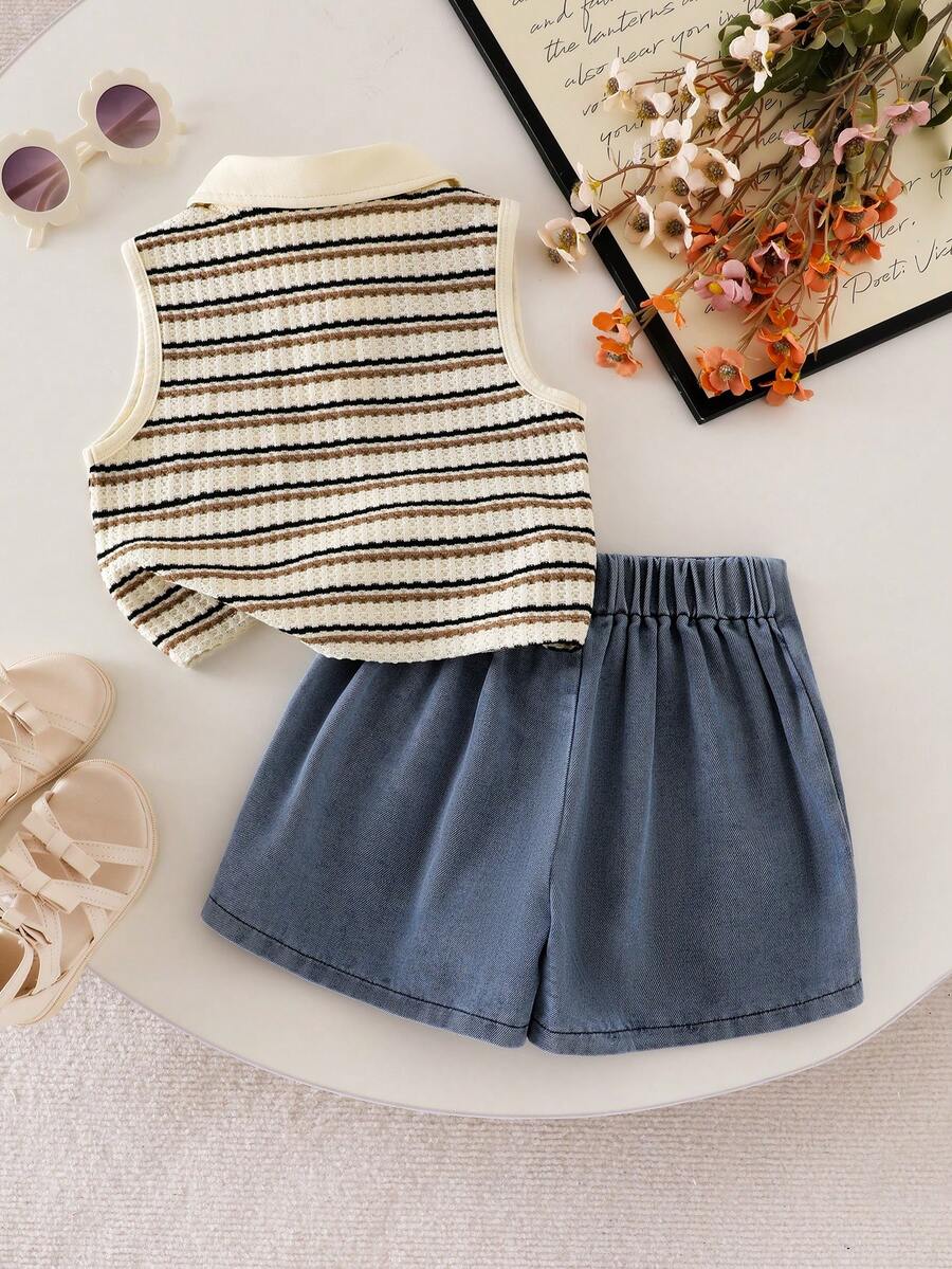 Toddler Girls Textured Knit Vest Top And Denim Skort Flower Embroidered Summer Outfit Set