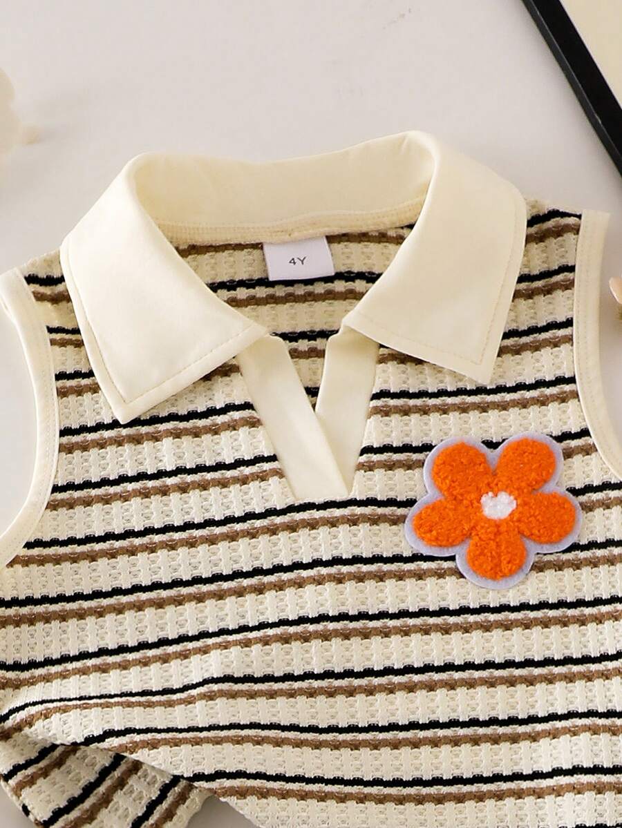 Toddler Girls Textured Knit Vest Top And Denim Skort Flower Embroidered Summer Outfit Set