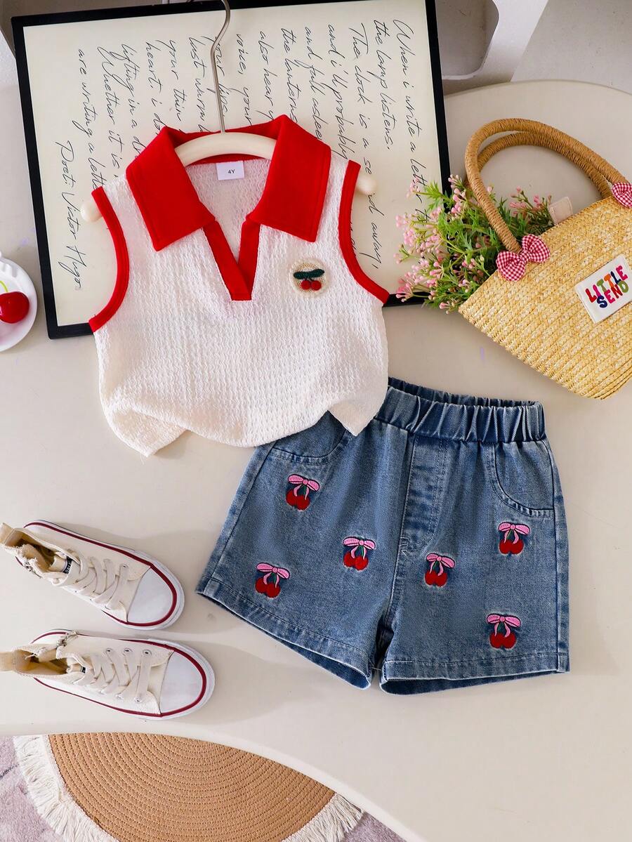 Toddler Girls Textured Knit Vest Top And Denim Skort Flower Embroidered Summer Outfit Set