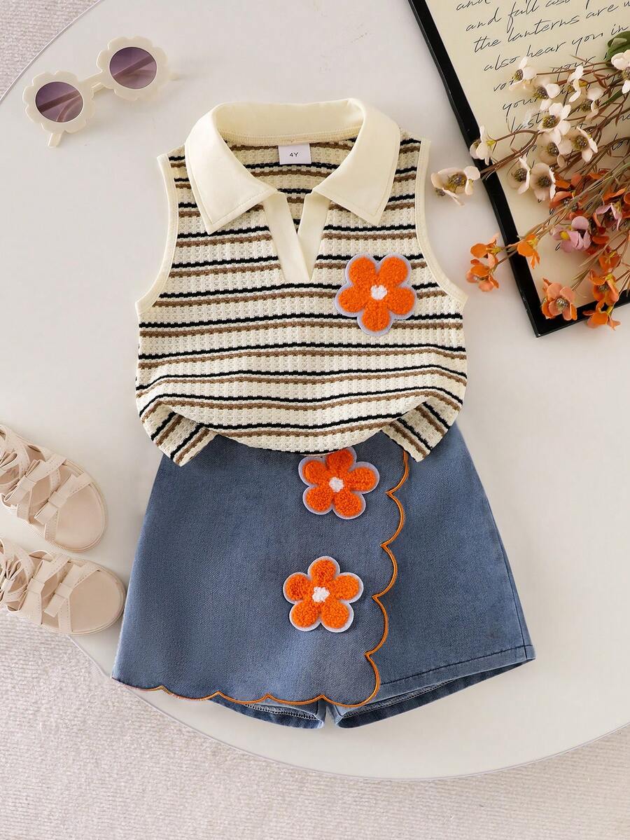 Toddler Girls Textured Knit Vest Top And Denim Skort Flower Embroidered Summer Outfit Set