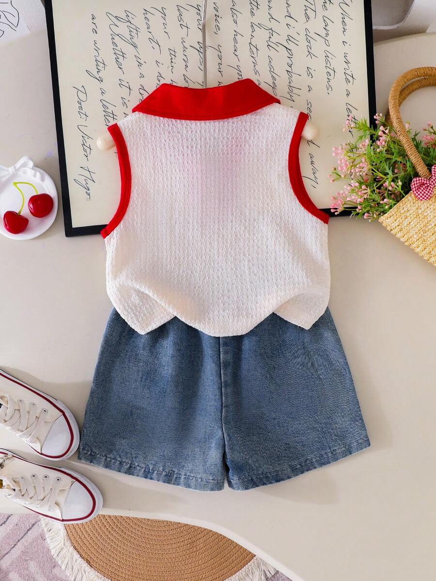 Toddler Girls Textured Knit Vest Top And Denim Skort Flower Embroidered Summer Outfit Set