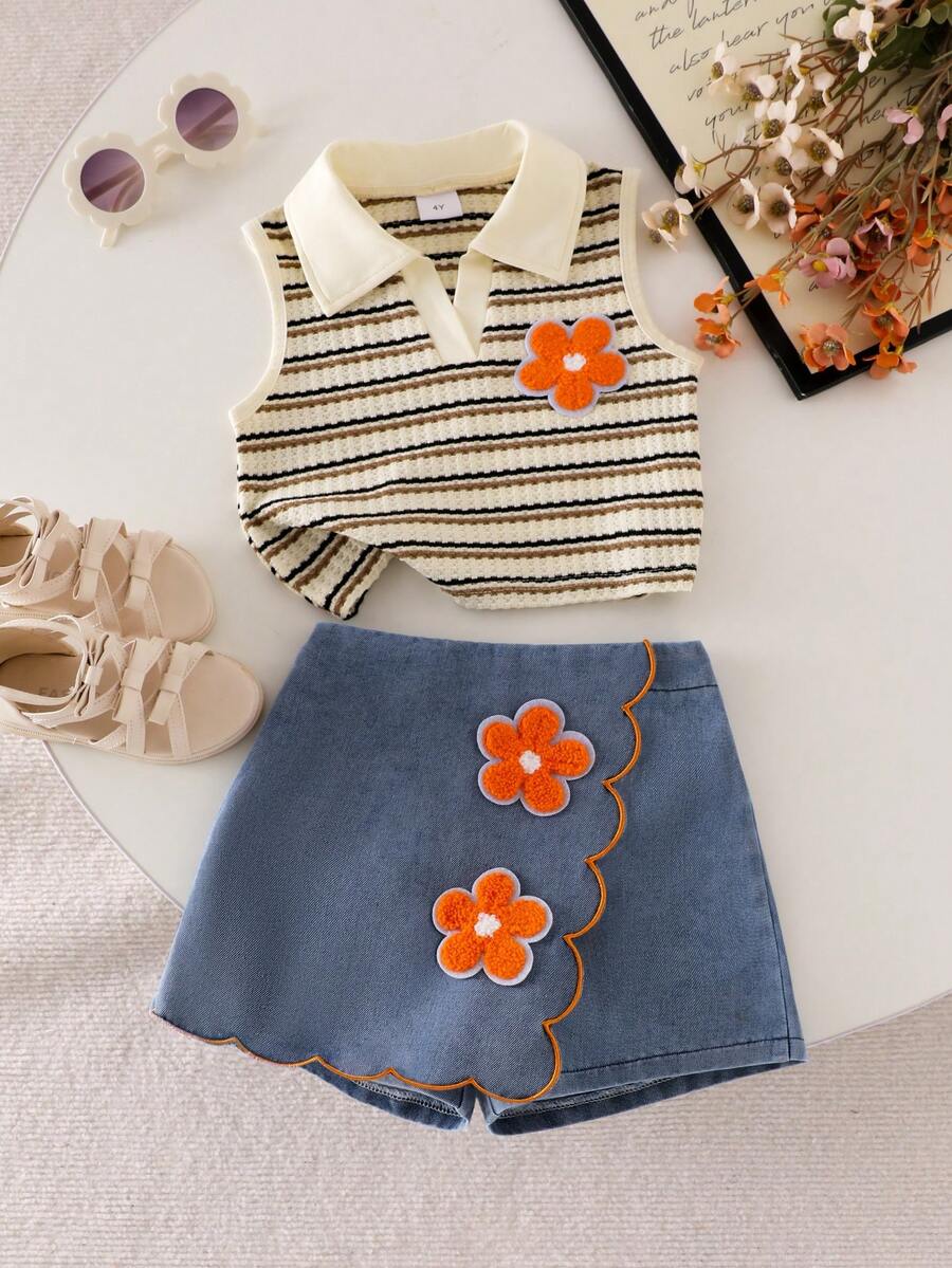 Toddler Girls Textured Knit Vest Top And Denim Skort Flower Embroidered Summer Outfit Set