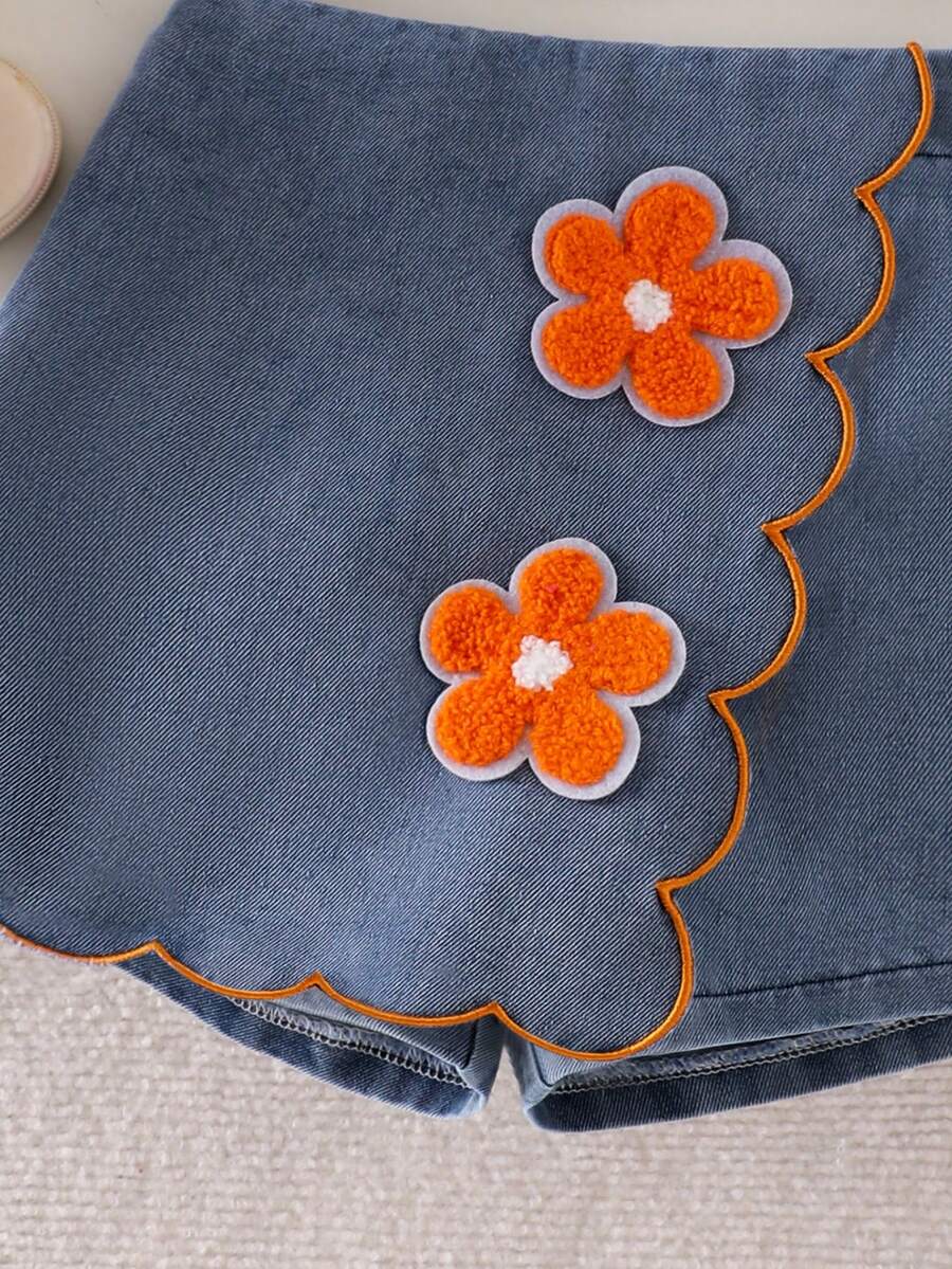 Toddler Girls Textured Knit Vest Top And Denim Skort Flower Embroidered Summer Outfit Set