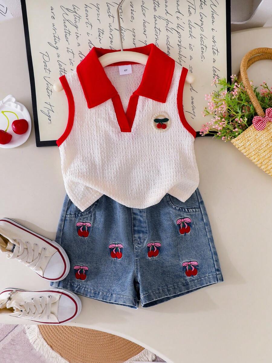 Toddler Girls Textured Knit Vest Top And Denim Skort Flower Embroidered Summer Outfit Set