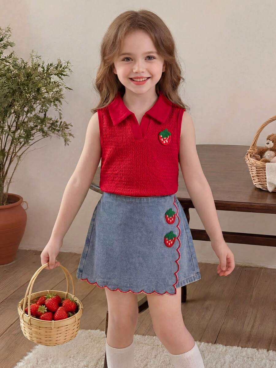 Toddler Girls Textured Knit Vest Top And Denim Skort Flower Embroidered Summer Outfit Set