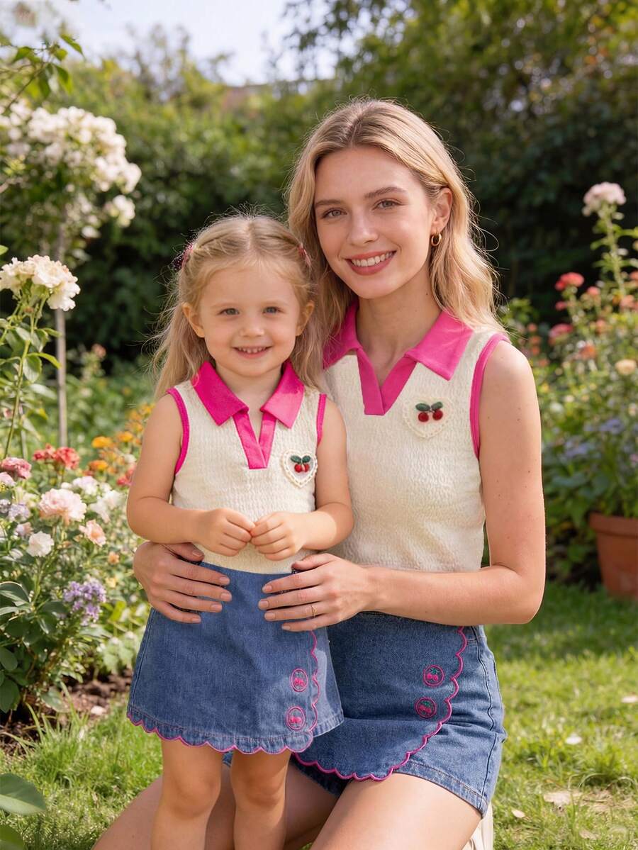 Toddler Girls Textured Knit Vest Top And Denim Skort Flower Embroidered Summer Outfit Set