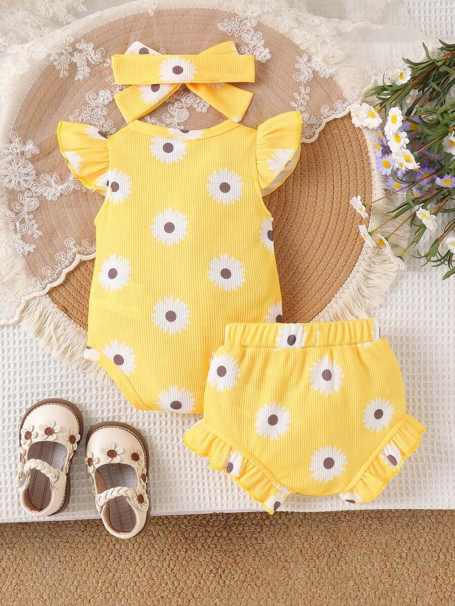 2PCS Baby Girl Cute Print Romper and Shorts Set for Summer Daily Wear