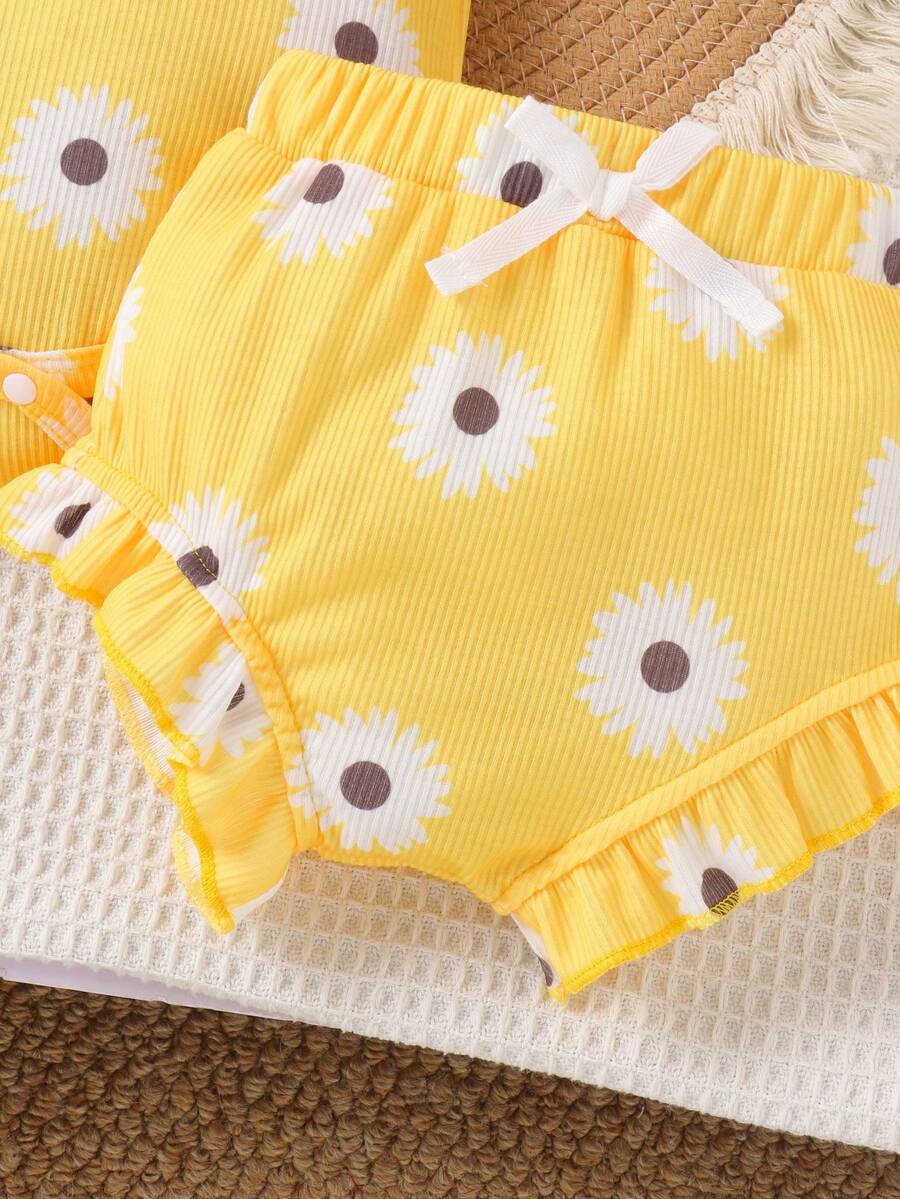 2PCS Baby Girl Cute Print Romper and Shorts Set for Summer Daily Wear