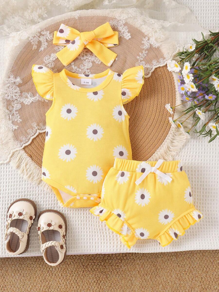 2PCS Baby Girl Cute Print Romper and Shorts Set for Summer Daily Wear