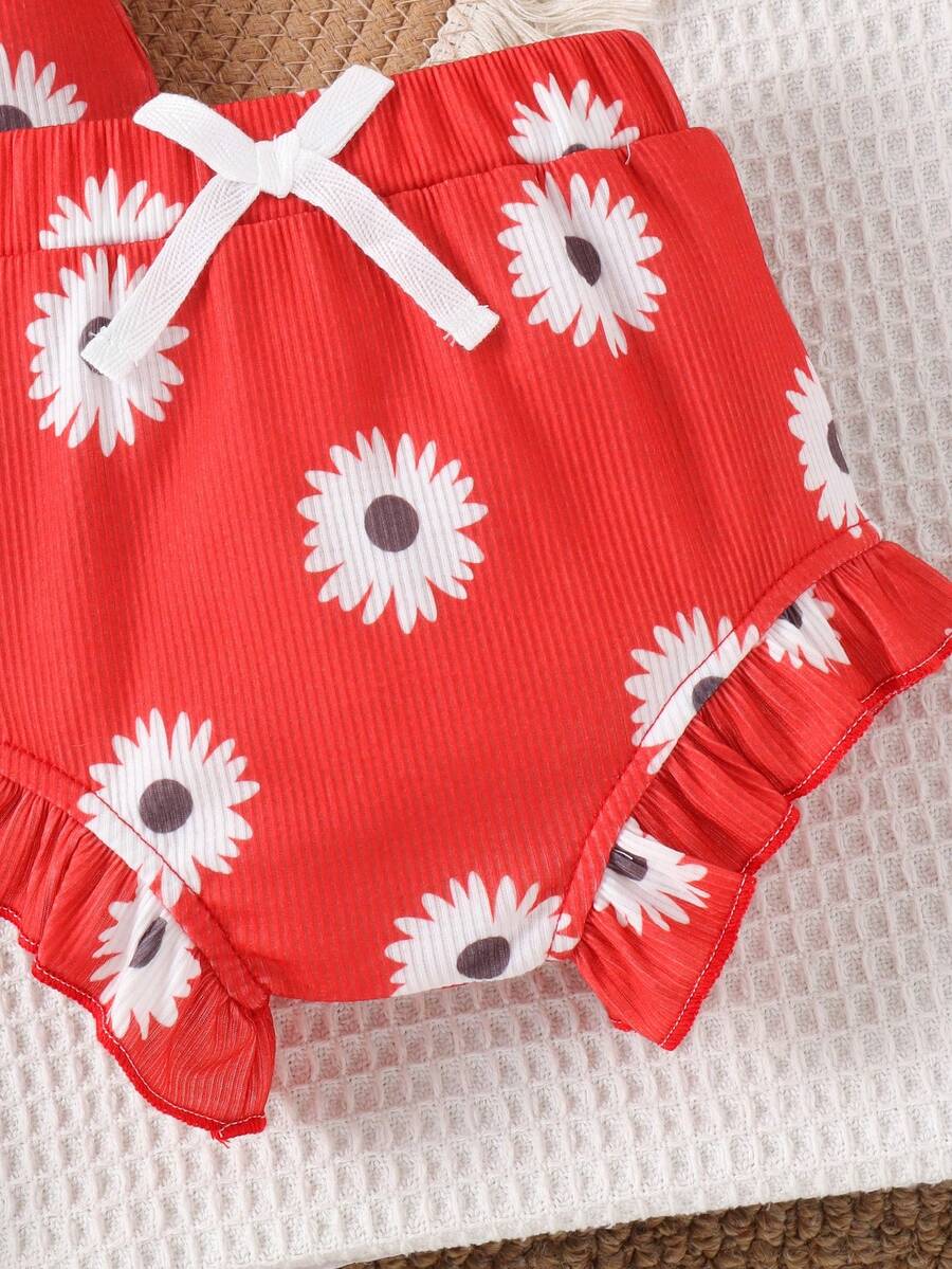 2PCS Baby Girl Cute Print Romper and Shorts Set for Summer Daily Wear