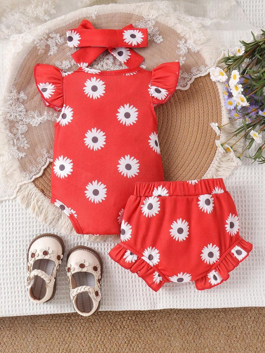 2PCS Baby Girl Cute Print Romper and Shorts Set for Summer Daily Wear
