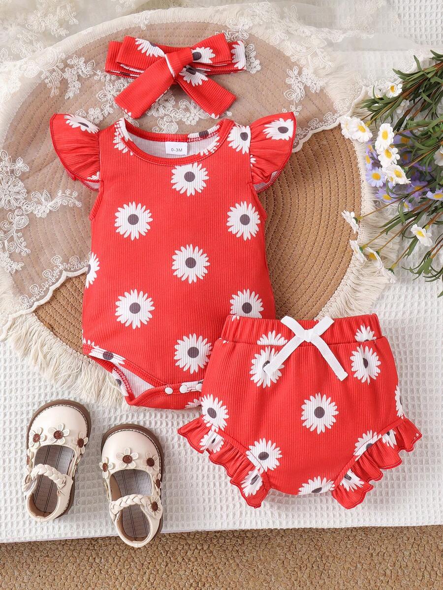 2PCS Baby Girl Cute Print Romper and Shorts Set for Summer Daily Wear
