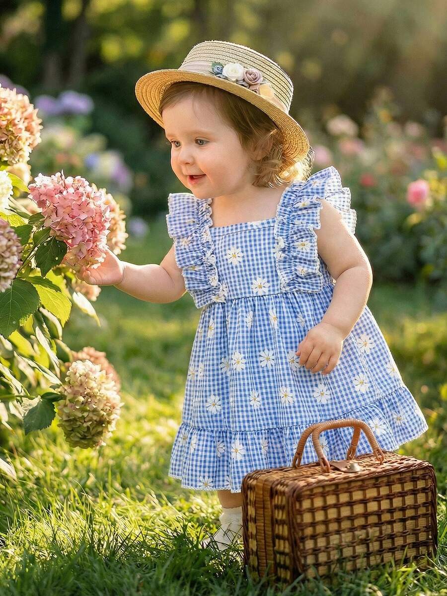 2PCS Baby Strawberry Plaid Dress and Bow Headband Set for Cute Spring and Summer Outings