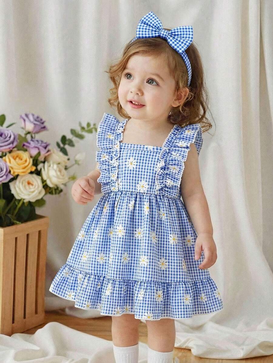 2PCS Baby Strawberry Plaid Dress and Bow Headband Set for Cute Spring and Summer Outings