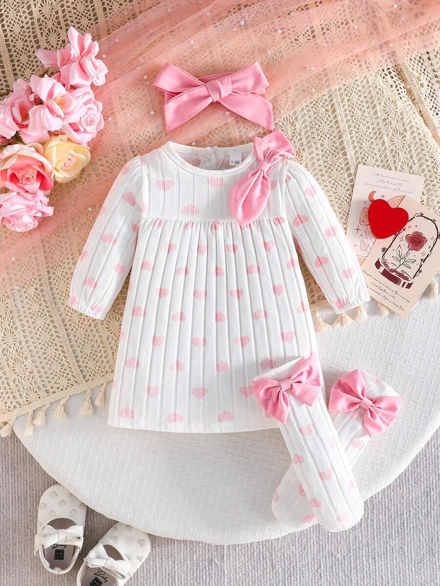 3PCS Baby Dress Gift Set with Bow Headband and Socks for Cute Daily Wear