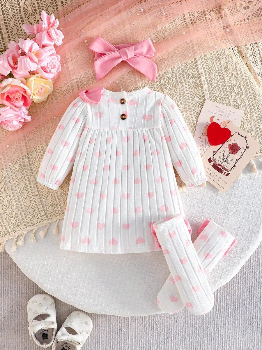 3PCS Baby Dress Gift Set with Bow Headband and Socks for Cute Daily Wear