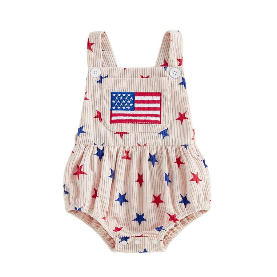 Infant 4th of July Jumpsuit with Flag Embroidery Sleeveless Square Neck Romper