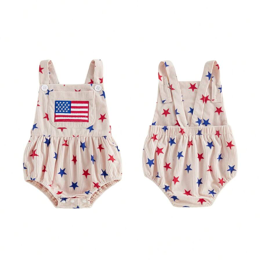 Infant 4th of July Jumpsuit with Flag Embroidery Sleeveless Square Neck Romper