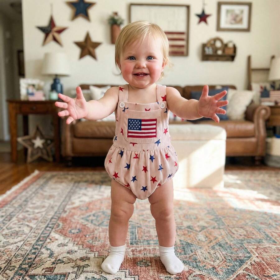 Infant 4th of July Jumpsuit with Flag Embroidery Sleeveless Square Neck Romper