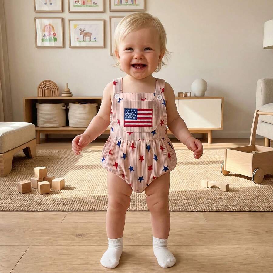 Infant 4th of July Jumpsuit with Flag Embroidery Sleeveless Square Neck Romper