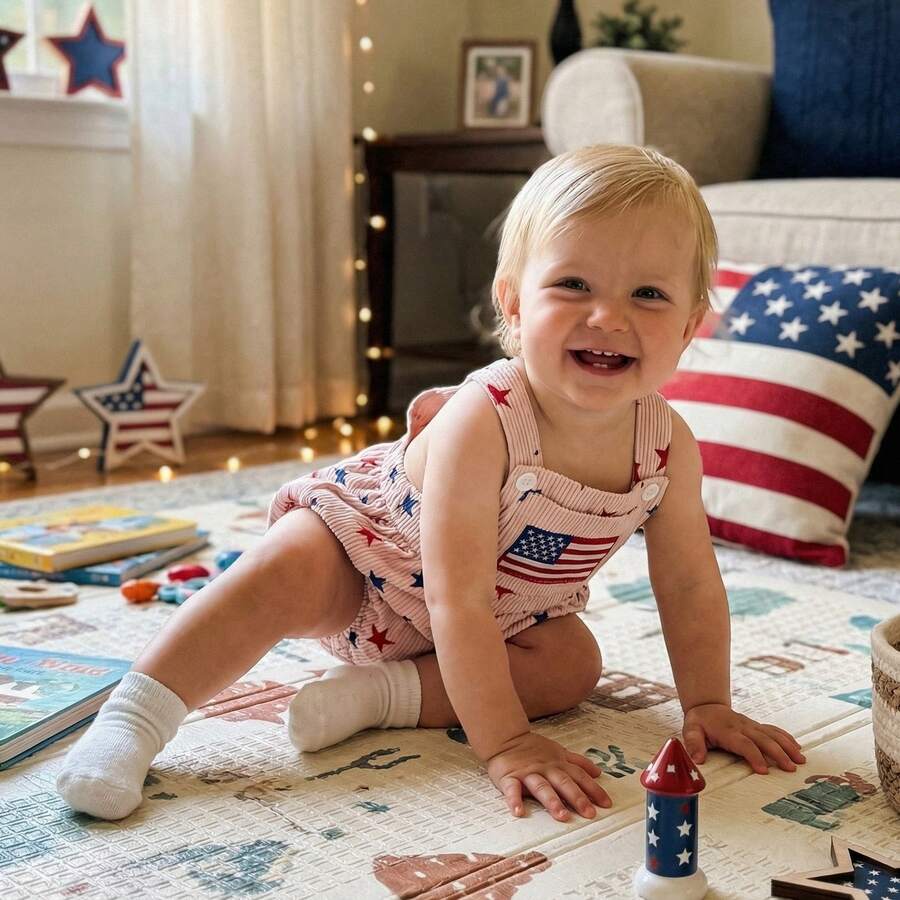 Infant 4th of July Jumpsuit with Flag Embroidery Sleeveless Square Neck Romper