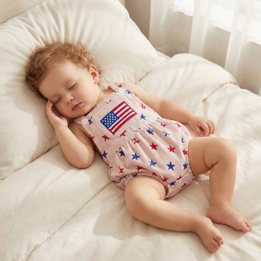 Infant 4th of July Jumpsuit with Flag Embroidery Sleeveless Square Neck Romper
