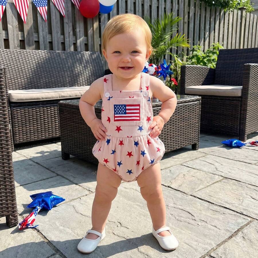 Infant 4th of July Jumpsuit with Flag Embroidery Sleeveless Square Neck Romper