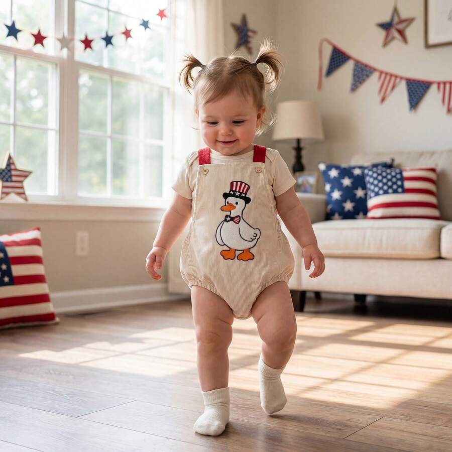 Infant 4th of July Jumpsuit with Flag Embroidery Sleeveless Square Neck Romper