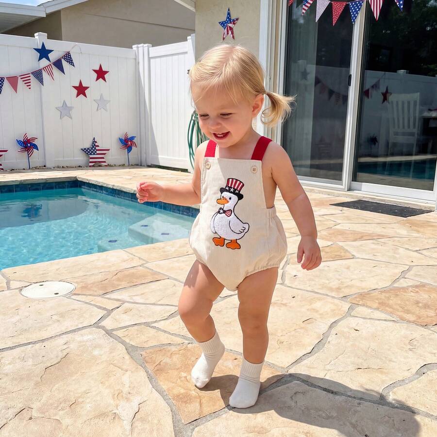 Infant 4th of July Jumpsuit with Flag Embroidery Sleeveless Square Neck Romper