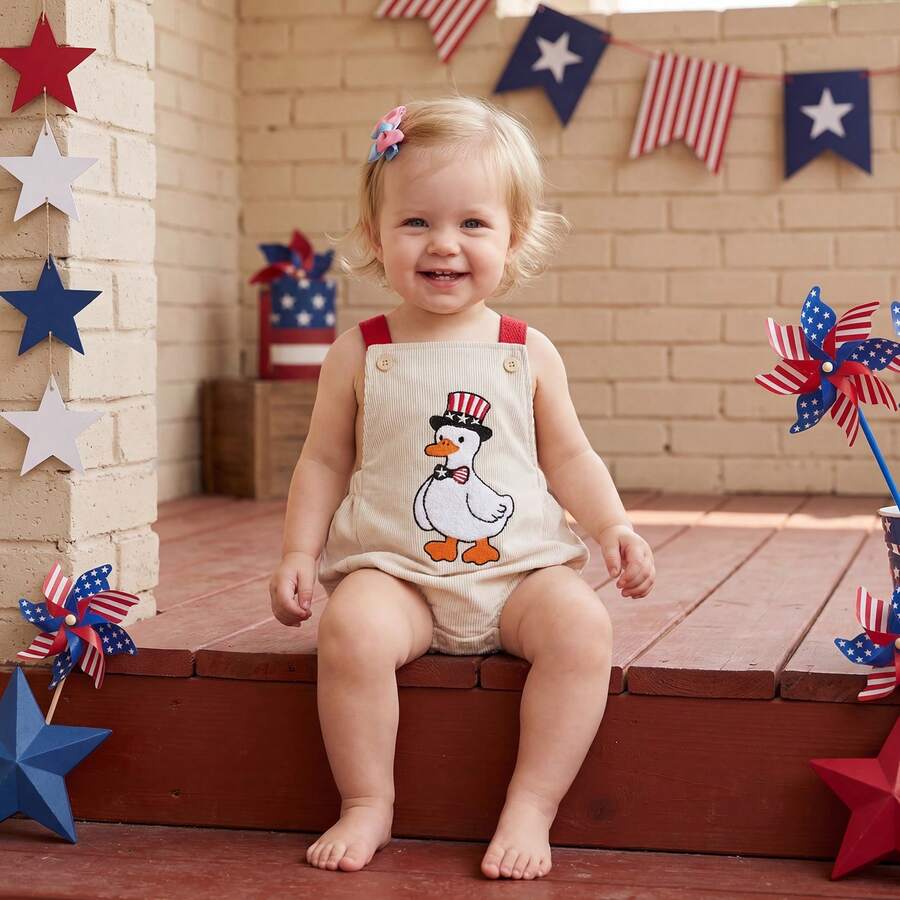 Infant 4th of July Jumpsuit with Flag Embroidery Sleeveless Square Neck Romper
