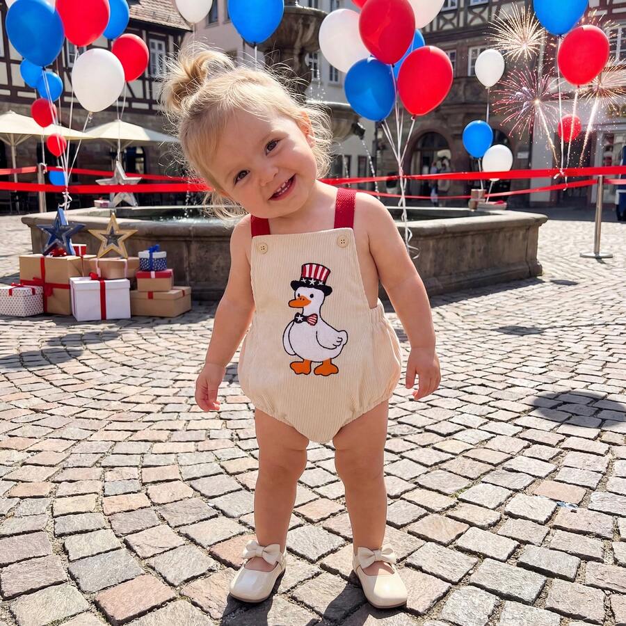 Infant 4th of July Jumpsuit with Flag Embroidery Sleeveless Square Neck Romper