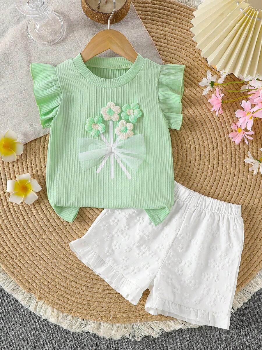 Young Girls 3D Flower Decor Tank Top and Yellow Floral Hem Shorts 2 Piece Summer Set